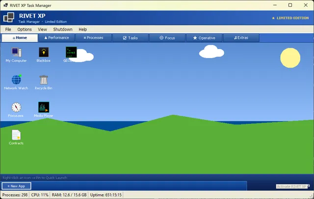 RIVET XP home screen styled like the Windows XP desktop, with rolling green hills